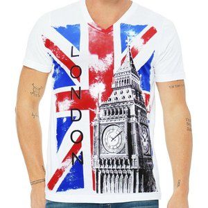 NWT EXCHANGE LONDON FLAG MEN'S WHITE V-NECK SHORT SLEEVE T-SHIRT SIZE S L